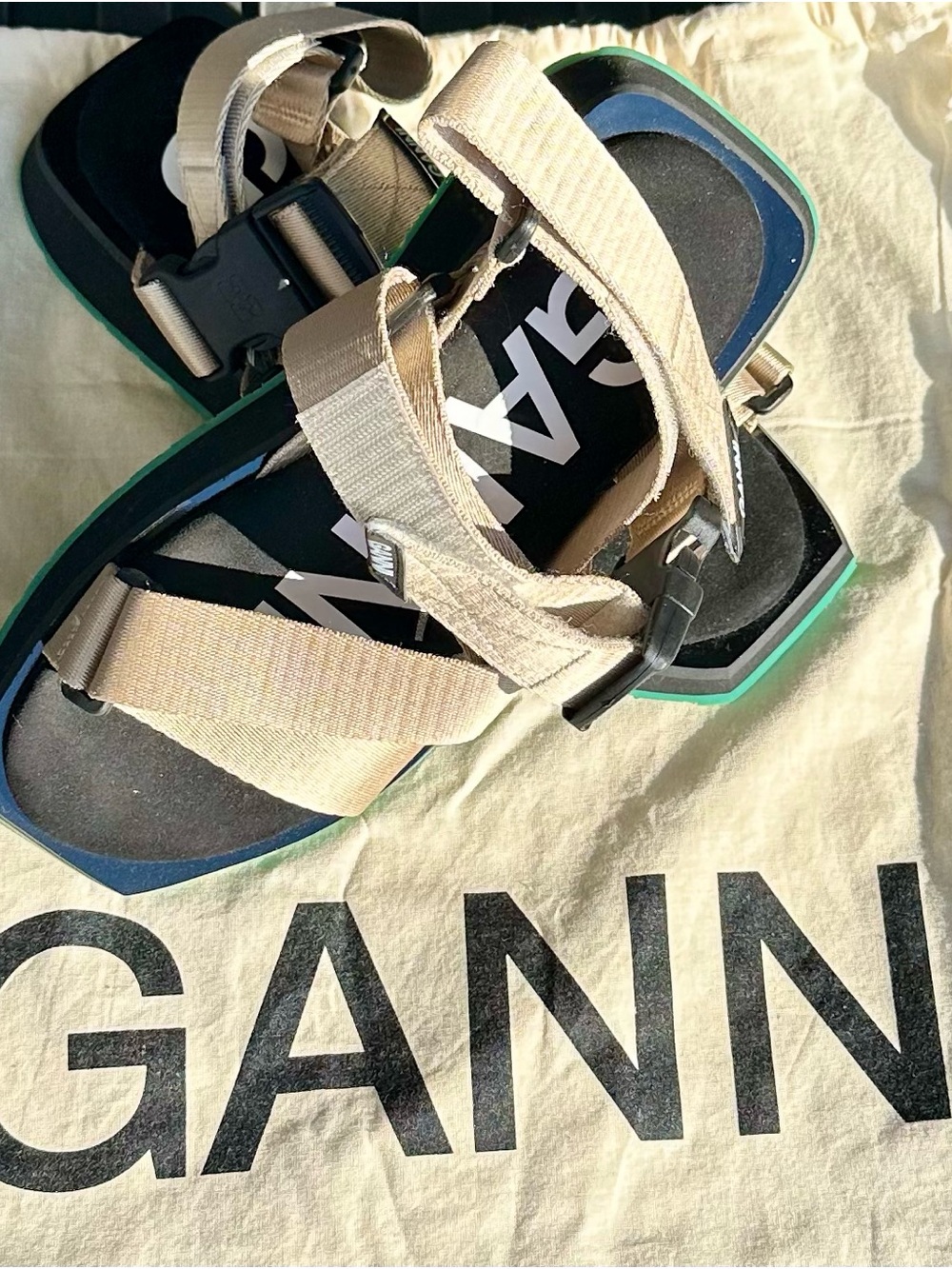 Ganni Beige Canvas Buckle Sandals with Green Trim